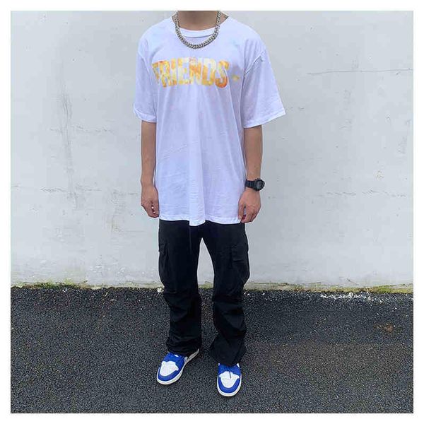 

factory t shirt street yellow flame large v print short sleeve cotton round neck men's and women's fashion hip hop loose t-shirt, White;black