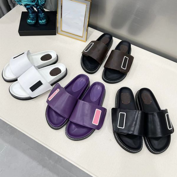 

2023 spring summer new women hook & loop slippers level pure color calfskin flat soled shoes leisure home outdoor beach ladies designer, Black