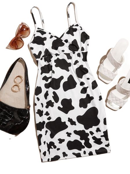 

cow print surplice cami mini dress l6ve#, Black;gray