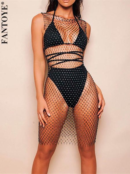 Sexy Kristall Diamant Kleid Frauen Aushöhlen Strass Bodycon Sommer Fishnet Mesh Strand Tragen Party Vestidos