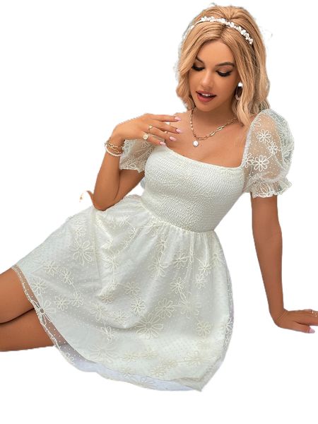 

contrast mesh floral embroidery shirred puff sleeve dress w4c1#, Black;gray