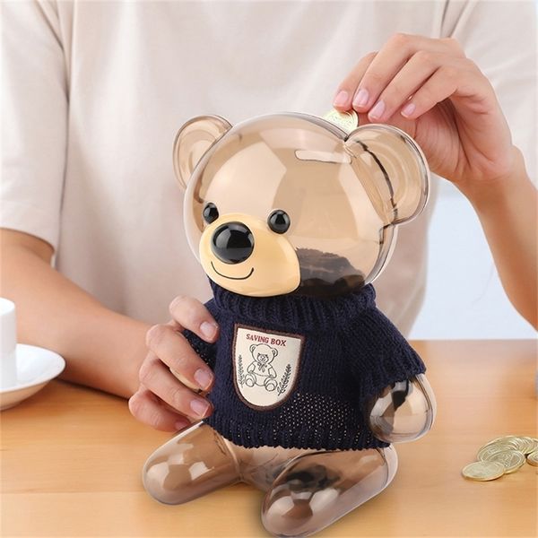 Bambini Moneta Salvadanaio Salvadanaio Banca di stoccaggio Bambini Sicuro Cartoon Vestiti Orso Regalo di plastica trasparente T200415