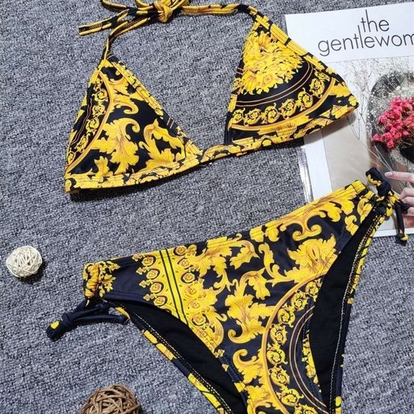 

sseurat triangle bikini set vintage print swimsuit womens swimming suit hollow out swimwear 220616, White;black