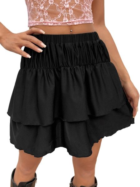

high waist layered ruffle hem skirt k2m7#, Black