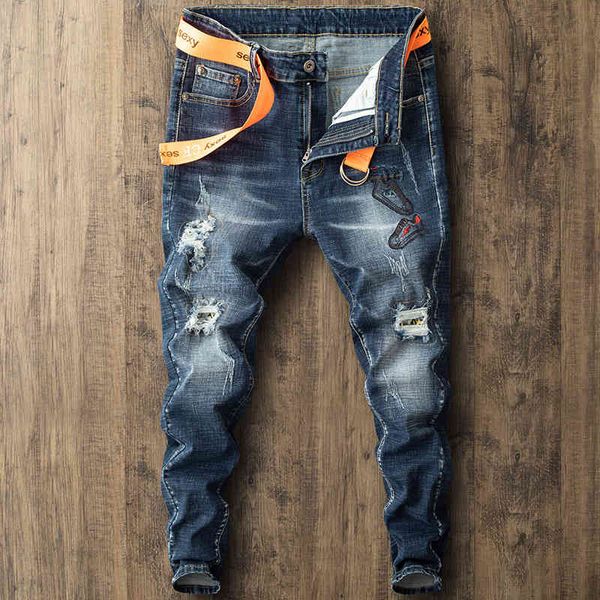 

men's jeans design cat beard whitening slim fit korean men's elastic embroidered small leg jeans trend pants 335 0op9, Blue