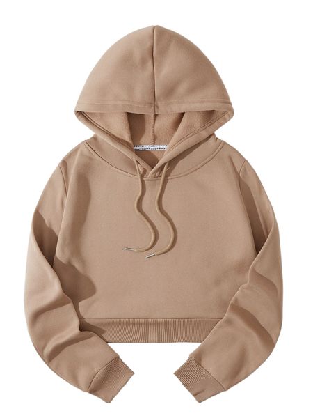 

thermal lined crop drawstring hoodie y1xu#, Black