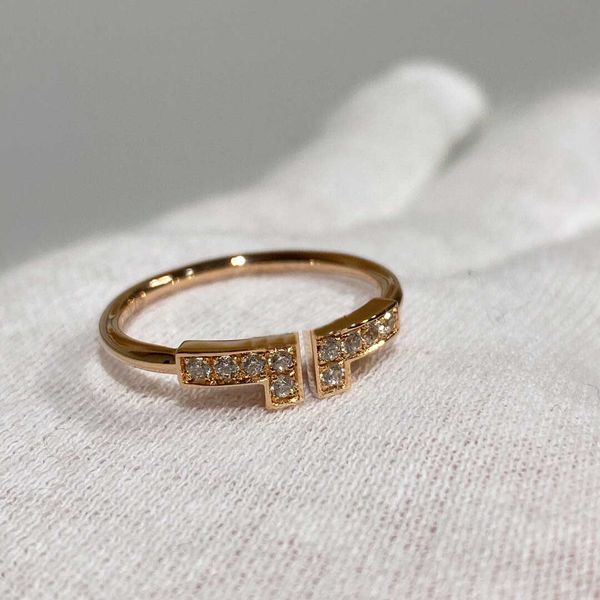 

v gold material charm punk band ring with t design and sparkly diamond in 18k rose color for women wedding jewelry gift have box stamp ps780, Silver
