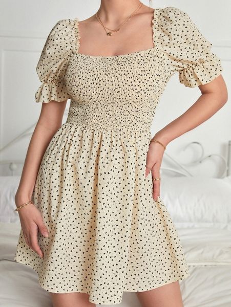 

allover print shirred bust puff sleeve dress b9oh#, Black;gray