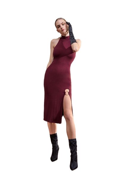 

x juliana jace mock neck o-ring detail split thigh dress d4ly#, Black;gray