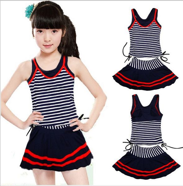 

navy style swimsuits for girls striped female 2 pieces swim suit teenagers kids bathing suits girl bodysuit beach wear 220315, Blue
