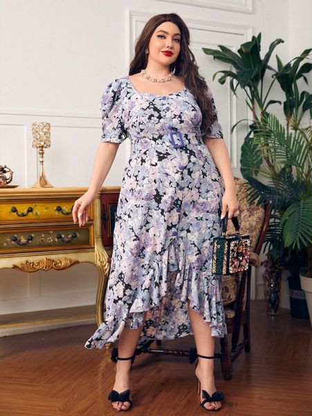 

plus floral print puff sleeve asymmetrical ruffle hem buckle belted dress k24w#, Black