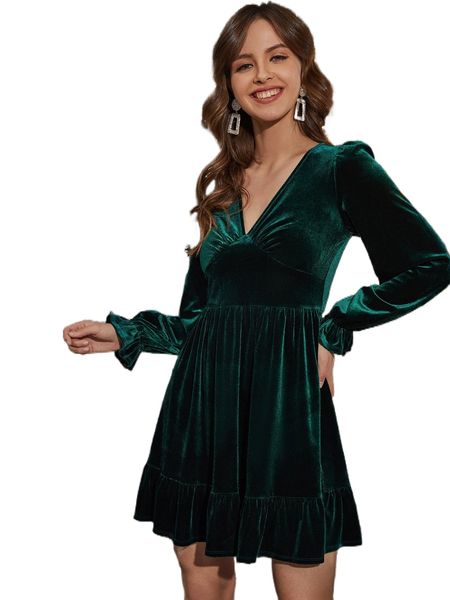 

flounce sleeve ruffle hem ruched velvet dress t26x#, Black;gray
