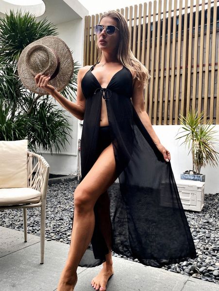 

tie front cover up with bikini bottom q10z#, White;black
