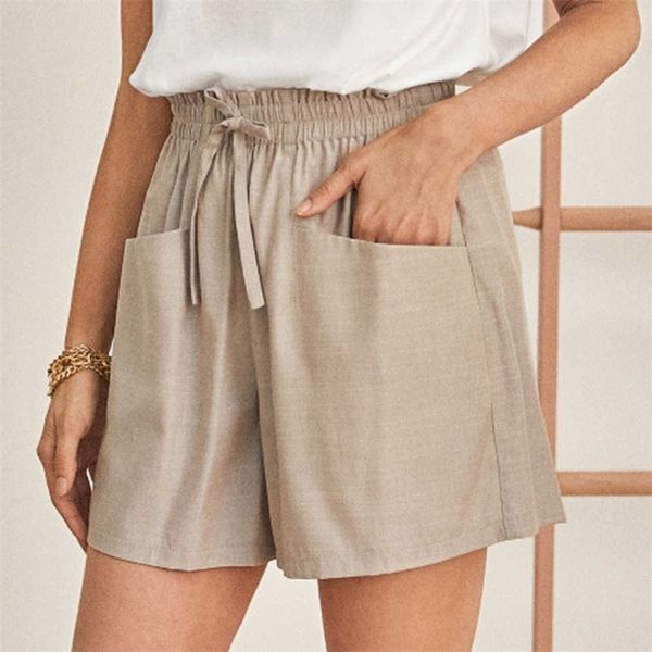 

women summer shorts casual cotton linen elastic waist two pockets solid female plus size woman 210702, White;black
