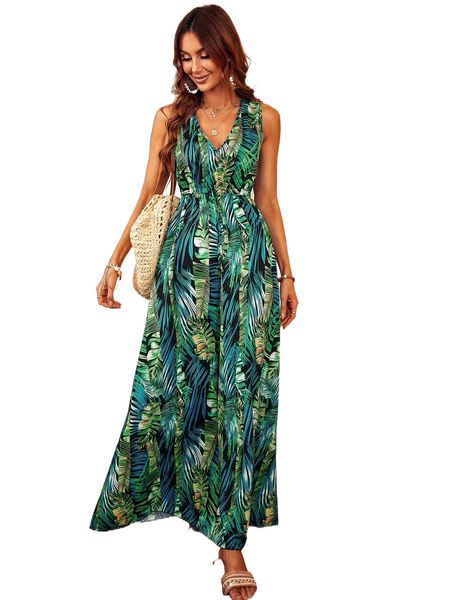 

tropical print tie back dress w0es#, Black;gray