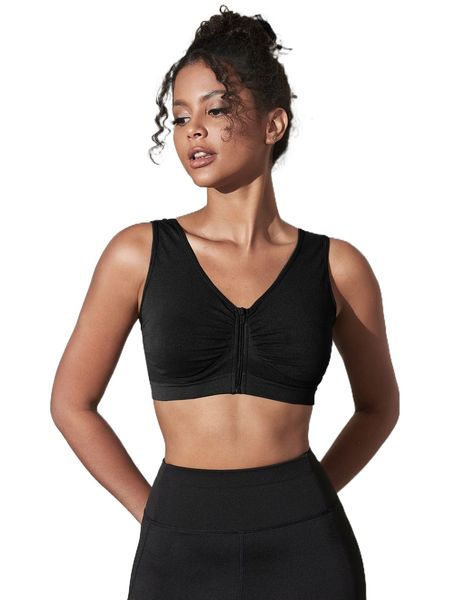 

low back ruched zipper front sports bra z2xo#, Gray