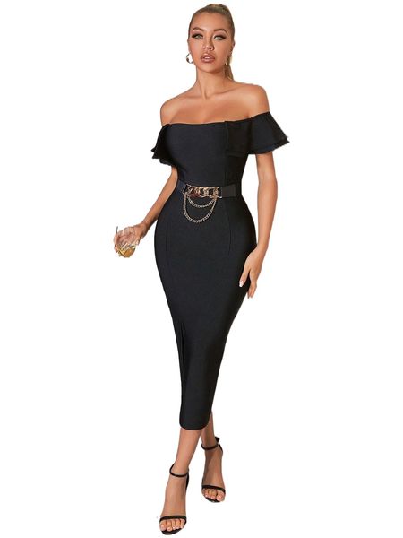 

adyce off shoulder ruffle trim slit thigh bandage dress e0w2#, Black;gray