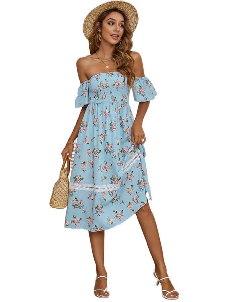 

floral print shirred contrast lace off shoulder dress 03w8#, Black;gray