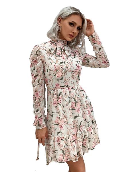 

eilly bazar floral print tie neck gigot sleeve ruffle hem dress h4wt#, Black;gray