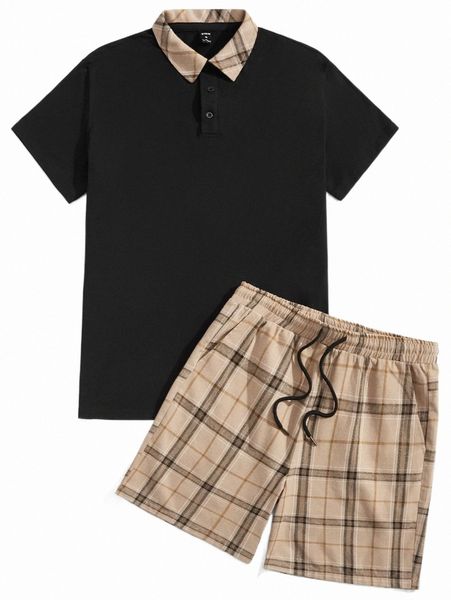 

men contrast plaid collar polo shirt & drawstring waist shorts 05n6#, Gray