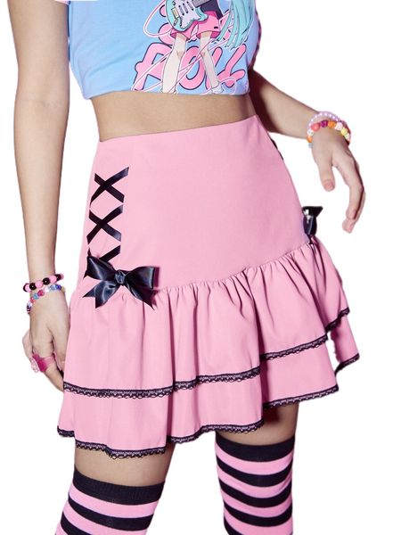 

romwe anime contrast lace bow decor ruffle hem skirt e4lc#, Black
