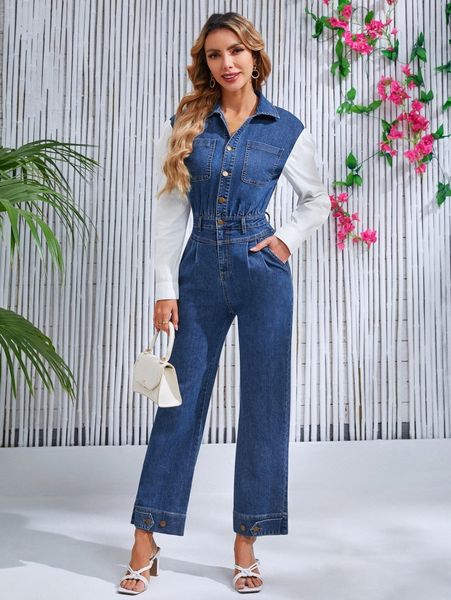 

colorblock pocket patched shirt denim jumpsuit s2y9#, Black;white