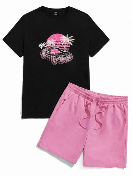 

men coconut tree & car print tee & drawstring waist shorts p26d#, Gray