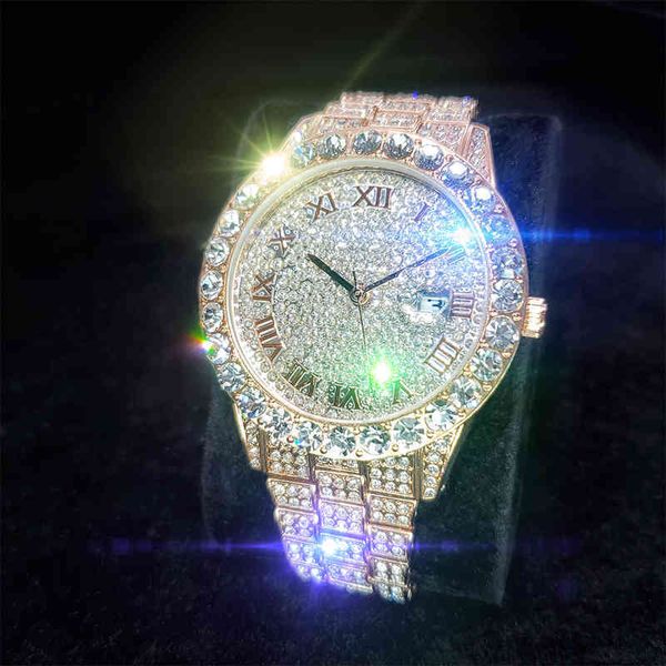 Missfox Gold Rose Gold Orologio rotondo Big Diamnd Man Quartz Watch Fashion Water Ristant Auto Date Stainls Man Watch