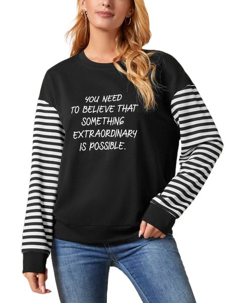 

drop shoulder striped sleeve slogan graphic pullover u8qn#, Black