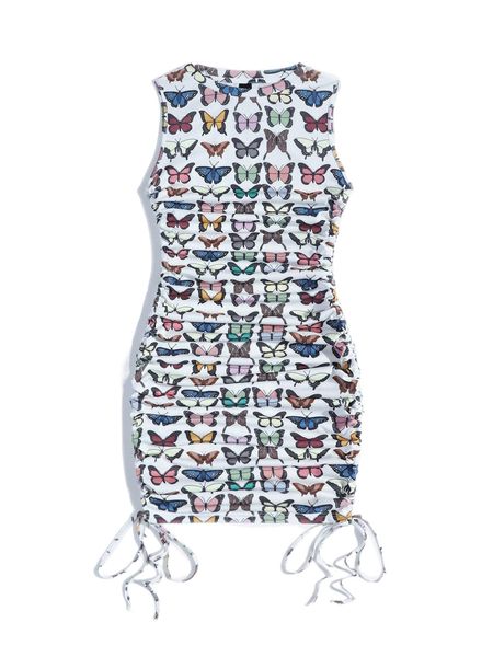 

x courtneygrabenshop butterfly print drawstring side dress y2vb#, Black;gray
