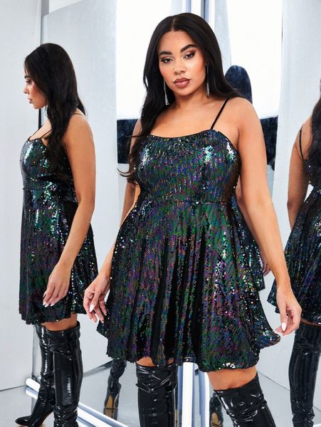 

plus sequins cami dress v135#, Black