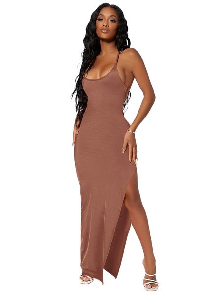 

tied open back high split cami dress m2mk#, Black;gray