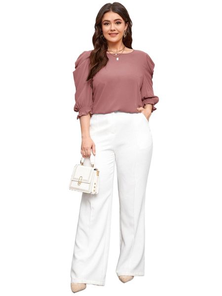 

plus solid lantern sleeve blouse t18f#, Black