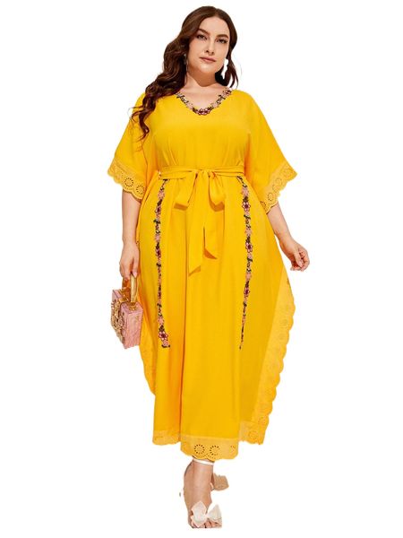 

plus appliques laser cut scallop trim batwing sleeve belted dress t8m4#, Black