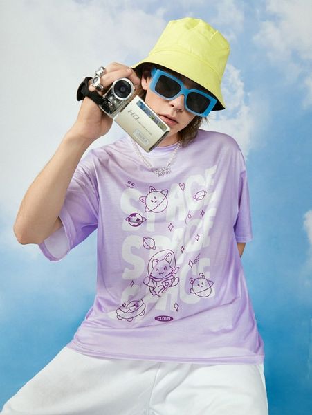 

men slogan & cartoon graphic tee p38c#, White;black