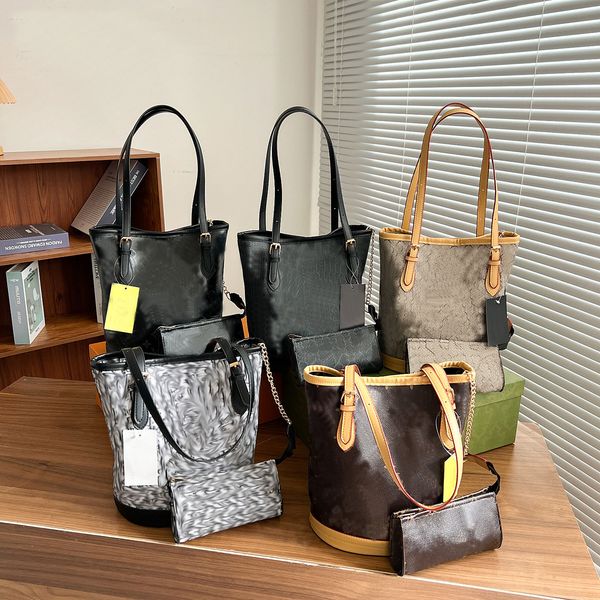 

designers large capacity two piece sets handbags full printed girls retro leather coin purse casual totes bags one-shoulder shopping messeng, Black