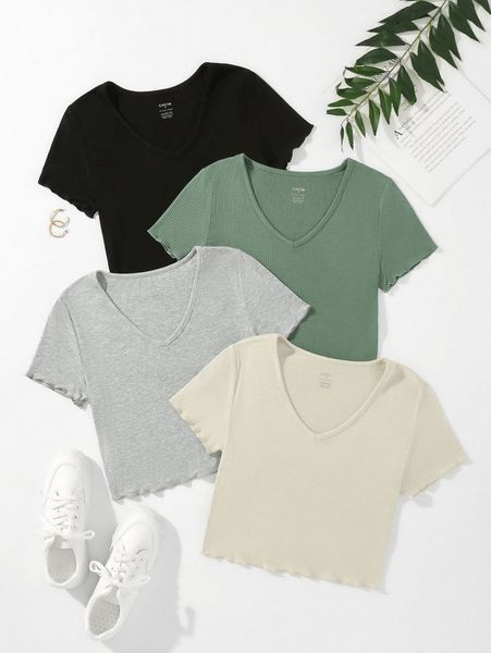 

4pcs ribbed knit v neck tee s91n#, White