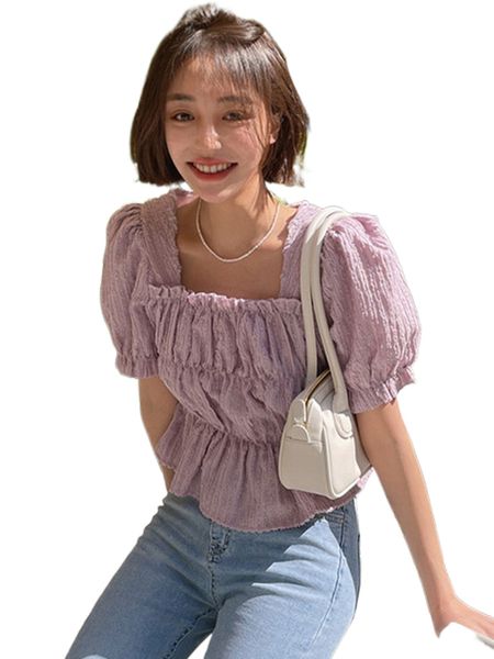 

dazy puff sleeve shirred back peplum blouse u4fs#, White