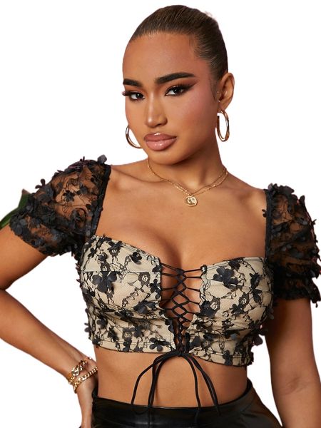 

sxy appliques lace up front lace crop n2qi#, White