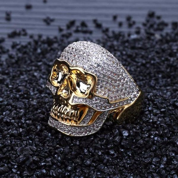 Clusterringe Hip Hop Cz Stein Pave Out Bling Golden Ring Gold Farbe Kupfermaterial Skelett Schädel für Männer Rock Schmuckcluster Clusterclust