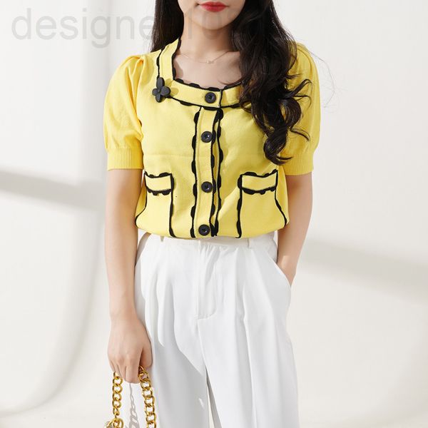 

women's knits & tees designer []french butterfly yellow cardigan sweater summer short sleeve square neck bubble slim fit blouse women i, White