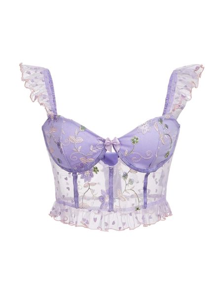 

mod floral embroidery mesh ruffle trim bow front peplum a7l2#, White