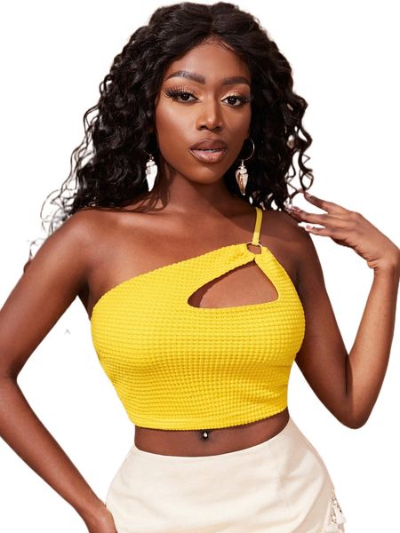

sxy one shoulder o-ring detail waffle knit crop p2y8#, White
