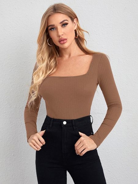 

squared neck rib-knit tee y27y#, White