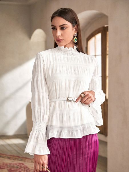 

solid flounce sleeve keyhole back frill trim textured blouse 89eq#, White