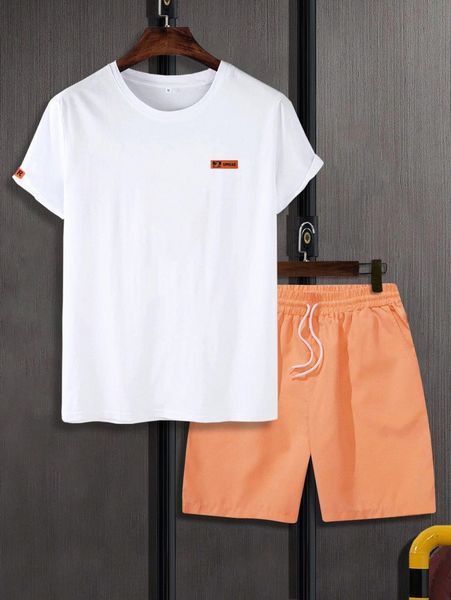 

men number & letter graphic tee & shorts 01z1#, Gray