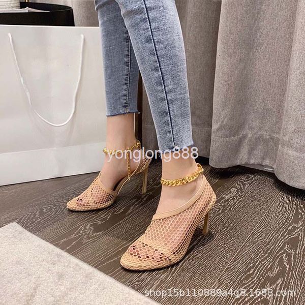 

sandals summer high heel net red thin super fire breathable mesh shoes shallow mouth round head chain hollow single, Black