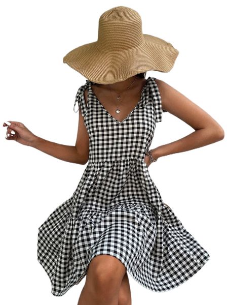 

gingham print tie shoulder ruffle hem dress f5jo#, Black;gray