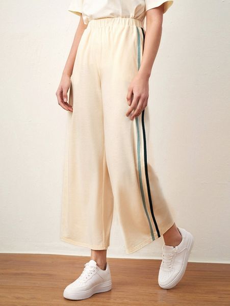 

contrast tape side elastic waist sweatpants 26o8#, Black;white