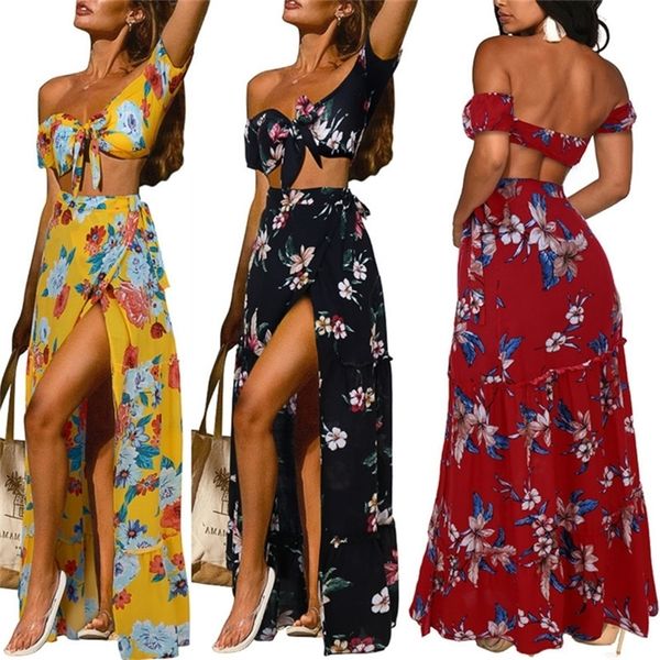 

two piece set women bohemian floral skirts set summer offshoulder short sleeve tube ruffle long skirt beach outfits 220602, White